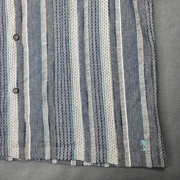 Tommy Bahama Shirt Men XL Blue Gray Striped Herringbone Camp Short Sleeve Pocket - Picture 4 of 12